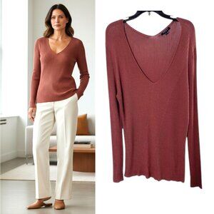 Lafayette 148 Sweater Wmn's  XXL Brown Rib-Knit  Long Sleeve V Neck Quiet Luxury